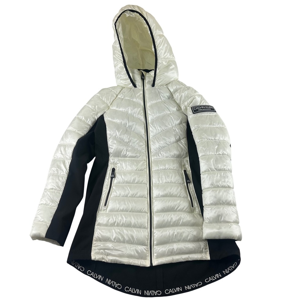 Calvin Klein Performance Womens Medium Puffer Jacket White Black Hooded Zip Coat